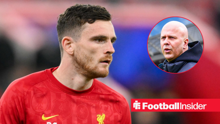 Liverpool's Andy Robertson warming up looking at manager Arne Slot who looks back at him while at Anfield right inset