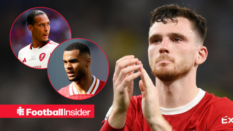 Andy Robertson in Liverpool shirt with Van Dijk and Cody Gakpo inset