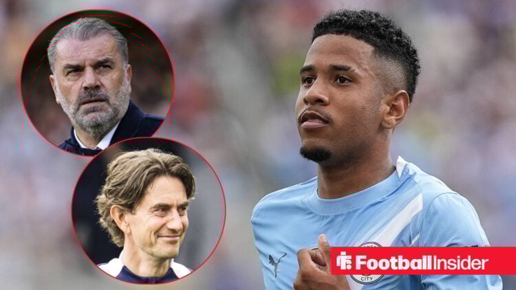 Ange Postecoglou and Thomas Frank on the left hand side looking at Savinho in a light blue Man City shirt