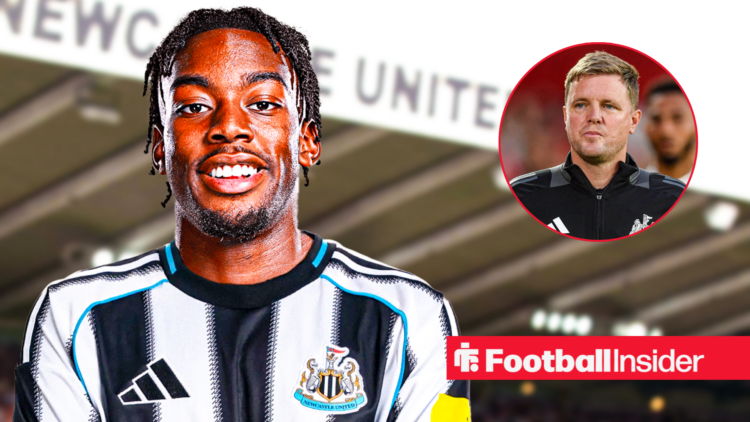 Anthony Elanga in Newcastle home shirt and Eddie Howe inset