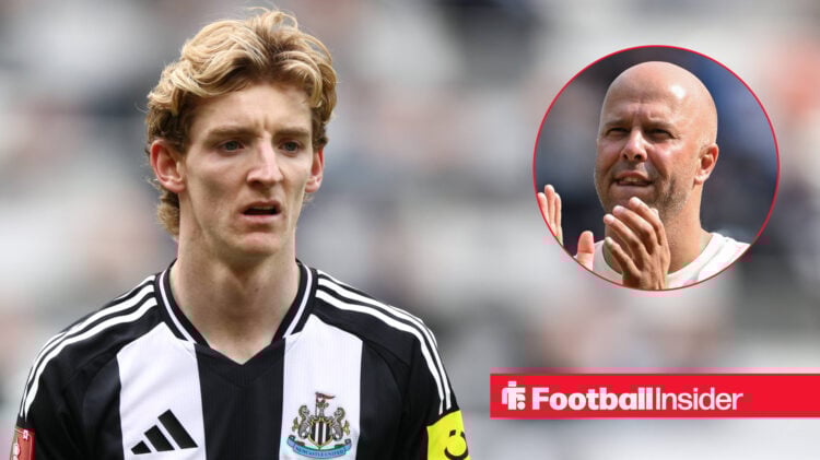Newcastle winger Anthony Gordon during a match, pictured next to Arne Slot applauding Liverpool fans.
