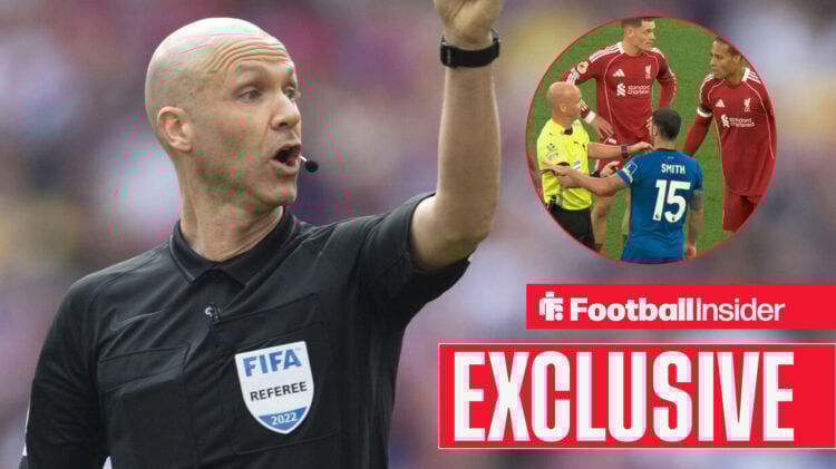 Anthony Taylor surrounded by Liverpool and Bournemouth players