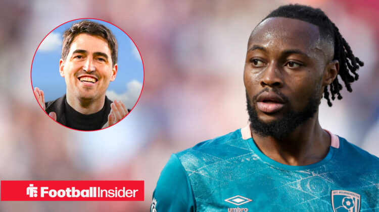 Antoine Semenyo in away Bournemouth kit with Andoni Iraola