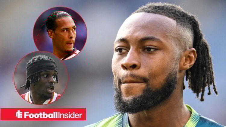Bournemouth's Antoine Semenyo looking at Liverpool players, Virgil Van Dijk, Jeremie Frimpong