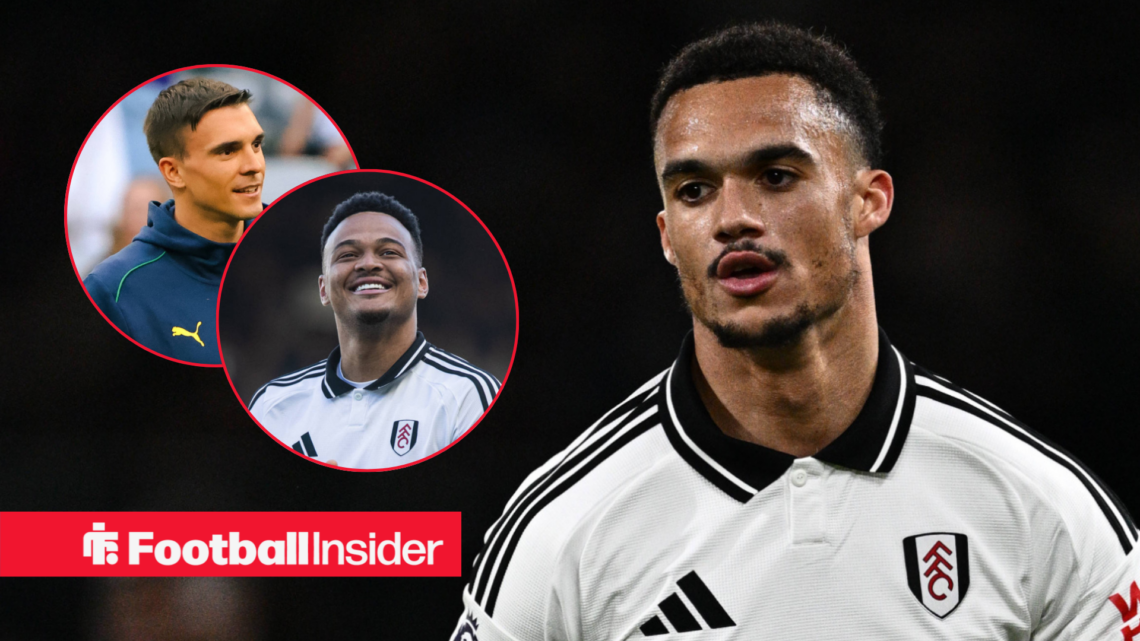 Antonee Robinson in Fulham home shirt with Rodrigo Muniz and Joao Palhinha inset