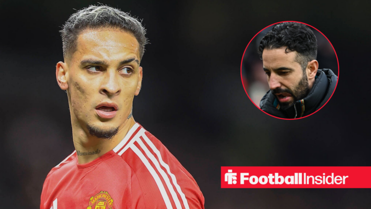 Man United's Antony in action looking right at manager Ruben Amorim who has his head down right inset