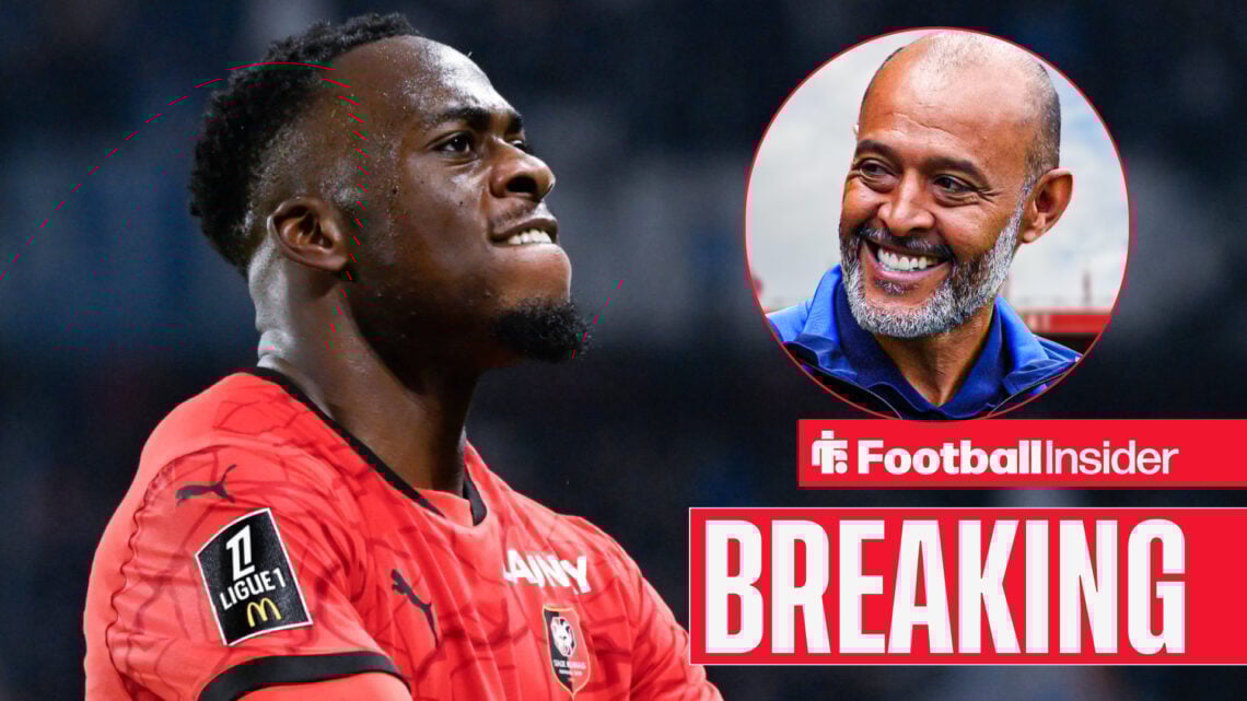 Rennes striker Arnaud Kalimuendo celebrating a goal and looking at Nottingham Forest manager Nuno Espirito Santo who is smiling