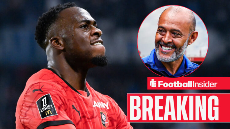 Rennes striker Arnaud Kalimuendo celebrating a goal and looking at Nottingham Forest manager Nuno Espirito Santo who is smiling