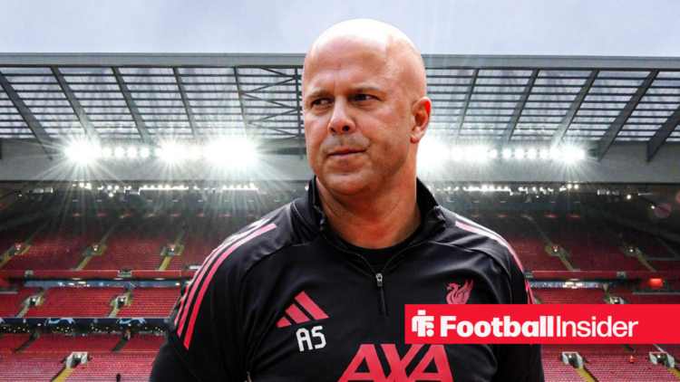 Arne Slot looking worried against the backdrop of Anfield.