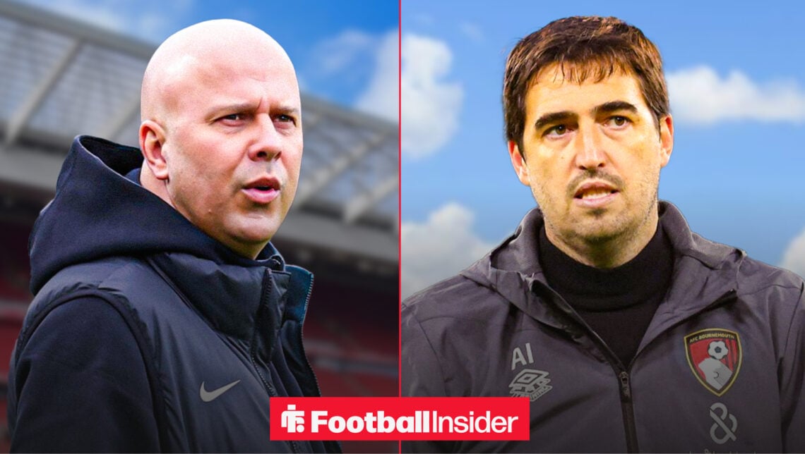 An image of Liverpool boss Arne Slot alongside an image of Bournemouth boss Andoni Iraola