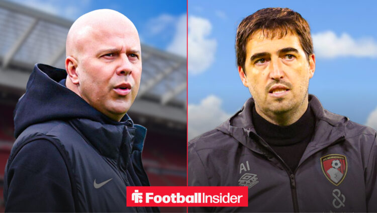 An image of Liverpool boss Arne Slot alongside an image of Bournemouth boss Andoni Iraola