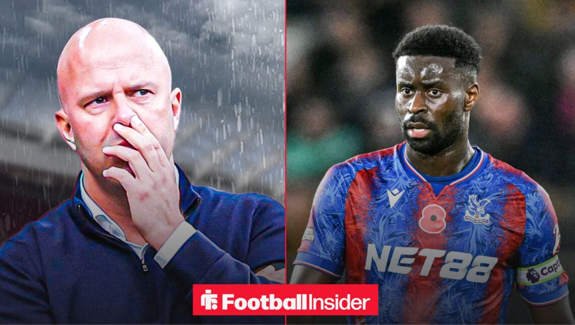 An image of rain pouring on Liverpool boss Arne Slot next to an image of Marc Guehi