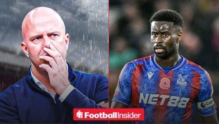 An image of rain pouring on Liverpool boss Arne Slot next to an image of Marc Guehi