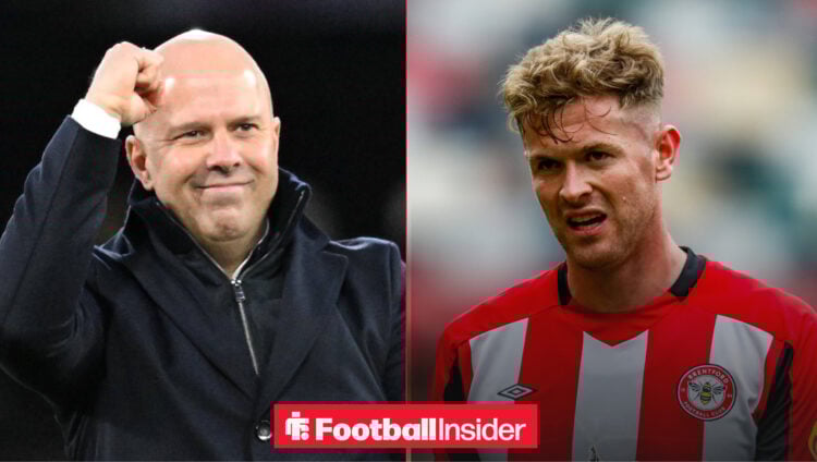 Arne Slot pumping his fist alongside Nathan Collins in a Brentford shirt