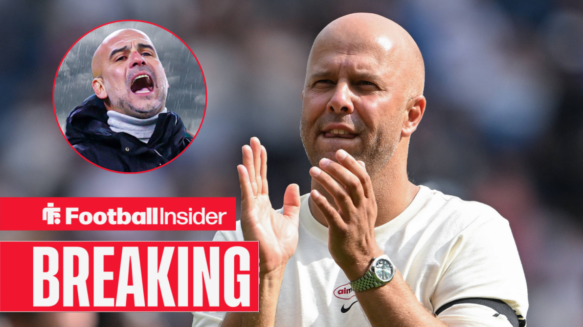 Arne Slot clapping with Pep Guardiola included in a circular inset