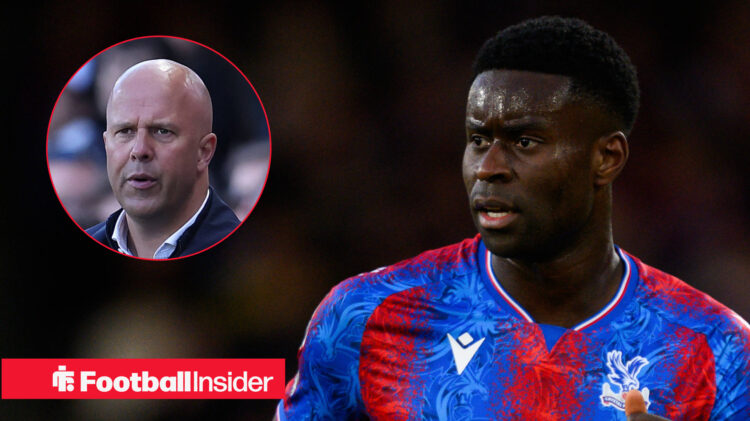 Arne Slot on the left looking puzzled with Marc Guehi on the right looking focused