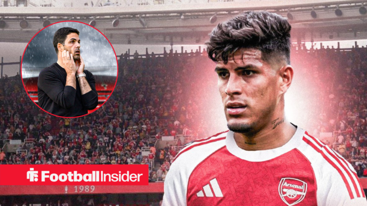 Piero Hincapie in Arsenal's home shirt with Mikel Arteta included in a circular inset