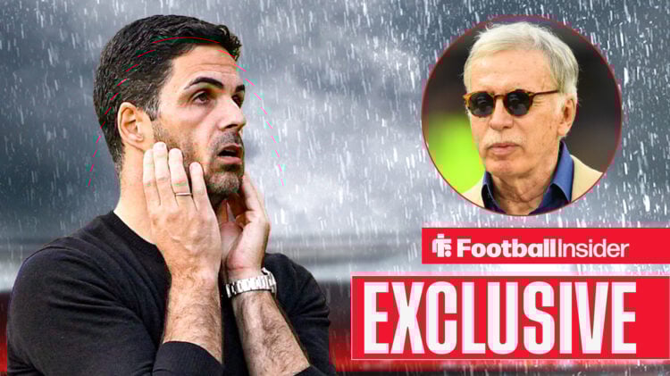 Mikel Arteta looks horrified with Stan Kroenke in a circular inset with an exclusive news banner