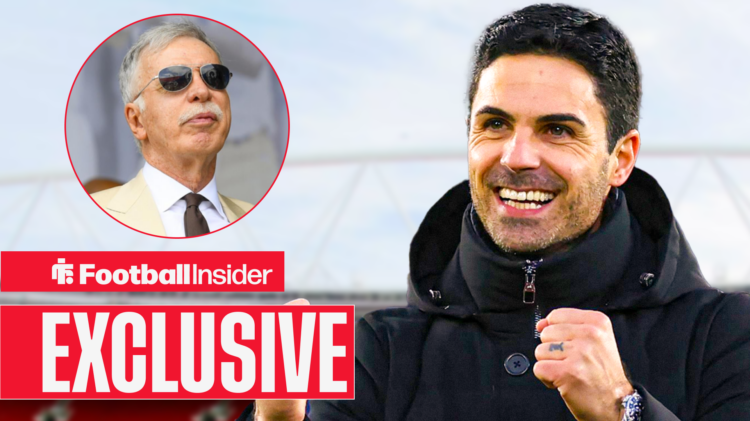 Arsenal manager Mikel Arteta celebrates, Stan Kroenke looks on in circular inset