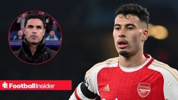Gabriel Martinelli in action for Arsenal, next to an image of Mikel Arteta