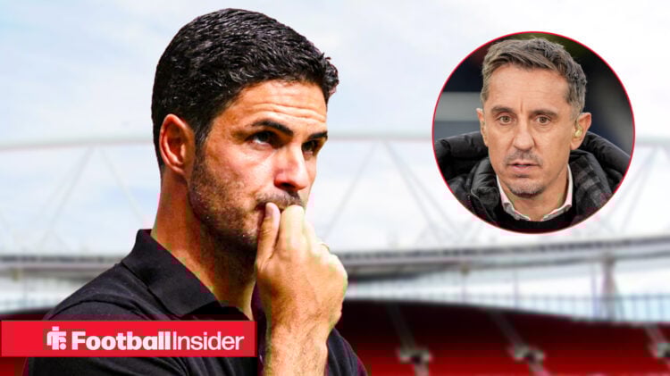 Mikel Arteta looking worried, Gary Neville in a circular inset