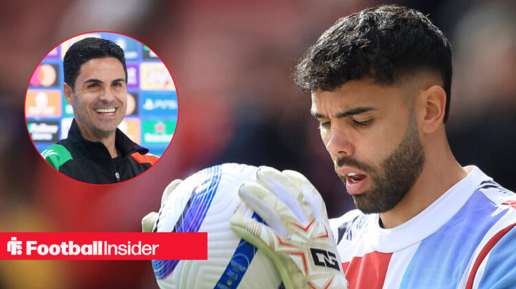 Arsenal goalkeeper David Raya warming up next to an image of Mikel Arteta