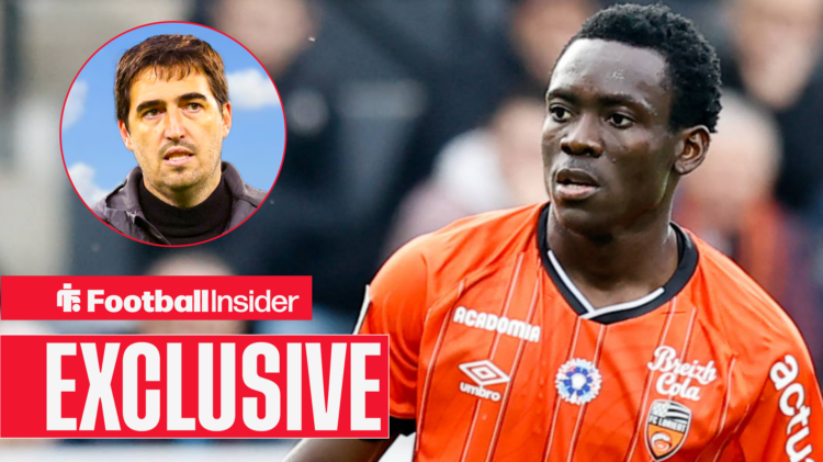 Lorient player Arthur Avom in action and looking at Bournemouth manager Andoni Iraola who is staring forward