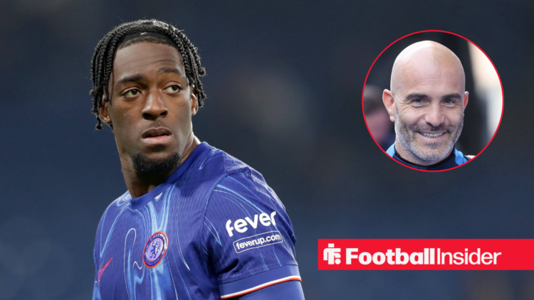 Axel Disasi on the left looking serious with Enzo Maresca on the right smiling