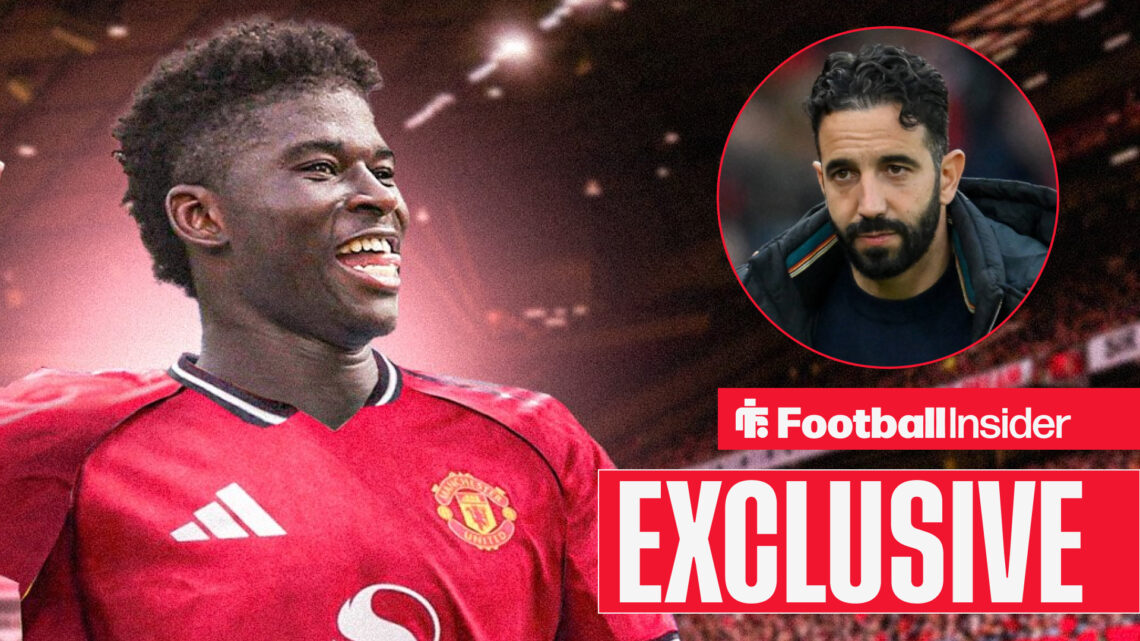 Carlos Baleba celebrates whilst Man United's Ruben Amorim looks on in a circular inlet with exclusive news banner