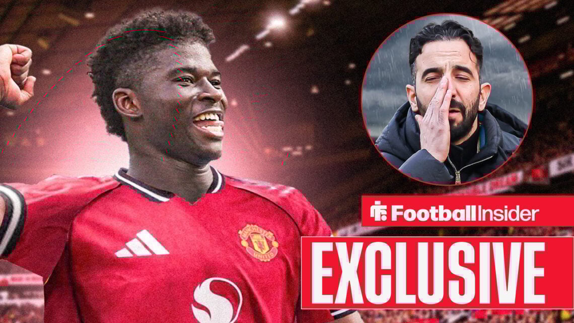 Carlos Balebea celebrates in a Man United kit, Ruben Amorim looks distraught in a circular inset