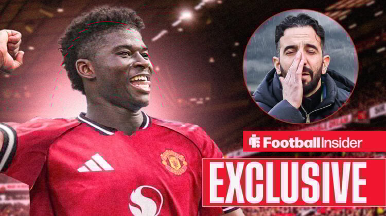 Carlos Balebea celebrates in a Man United kit, Ruben Amorim looks distraught in a circular inset