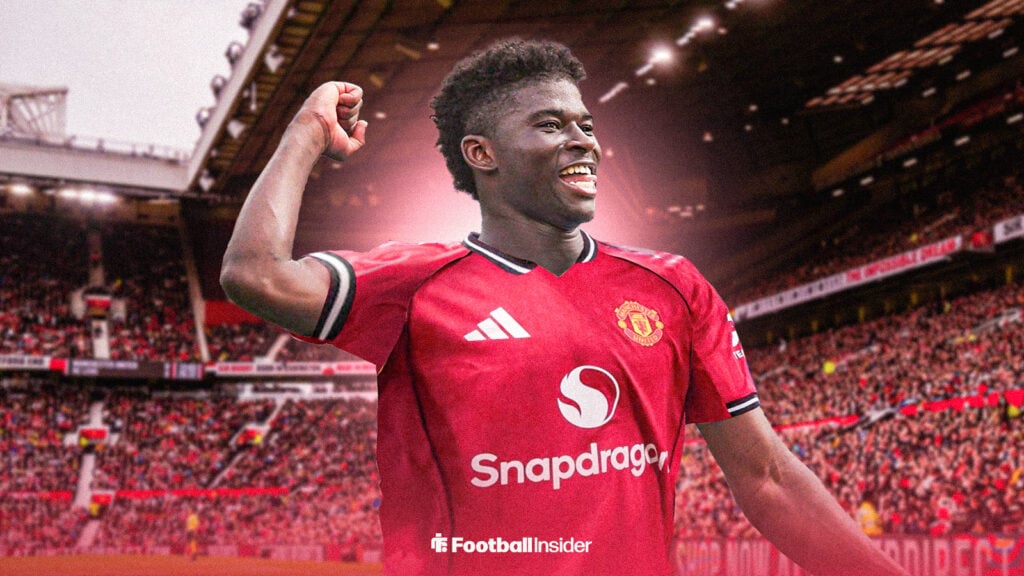 Carlos Baleba pictured celebrating in a Man United kit.