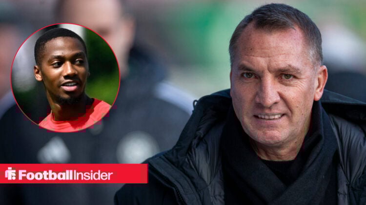 Michel-Ange Balikwisha smiling in Antwerp training, next to an image of Brendan Rodgers arriving at a Celtic match