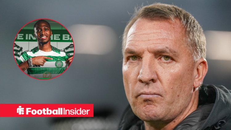 Brendan Rodgers looks on during a Celtic match next to an image of Michel-Ange Balikwisha