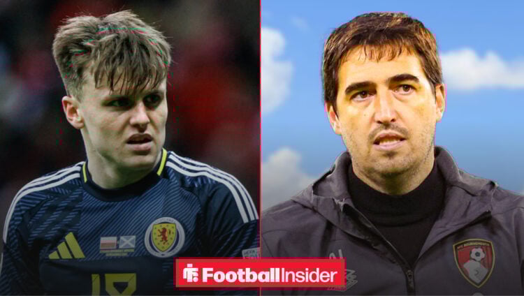 An image of Liverpool star Ben Doak in his Scotland shirt alongside Bournemouth boss Andoni Iraola