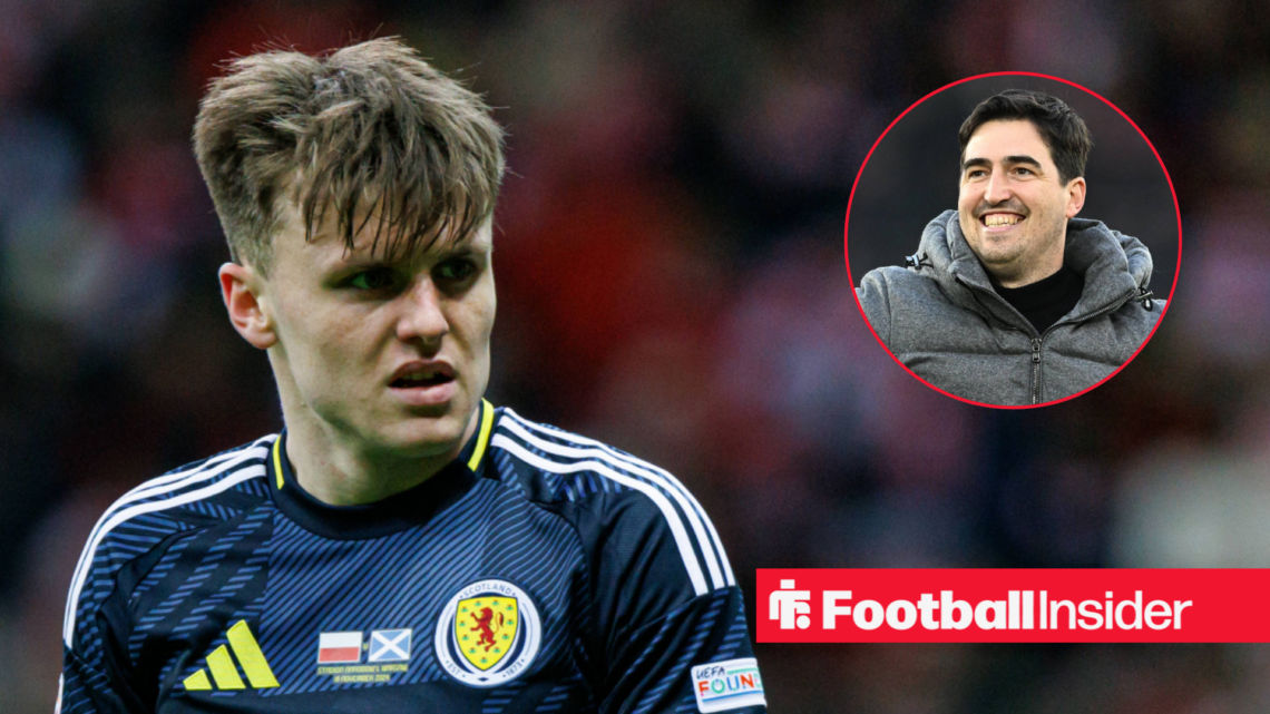 Ben Doak in Scotland shirt with Andoni Iraola inset