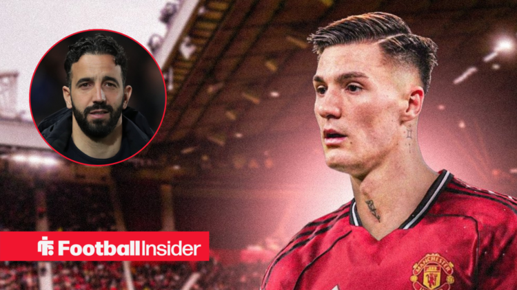 Benjamin Sesko against a back drop of Old Trafford, alongside a circular inset of Man United manager Ruben Amorim