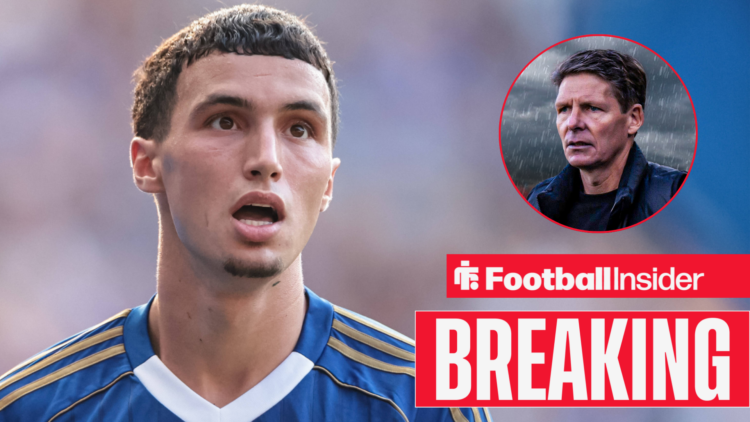 Leicester's Bilal El Khannouss in action looking ahead with mouth open, Crystal Palace manager Oliver Glasner to the right inset looking upset at him