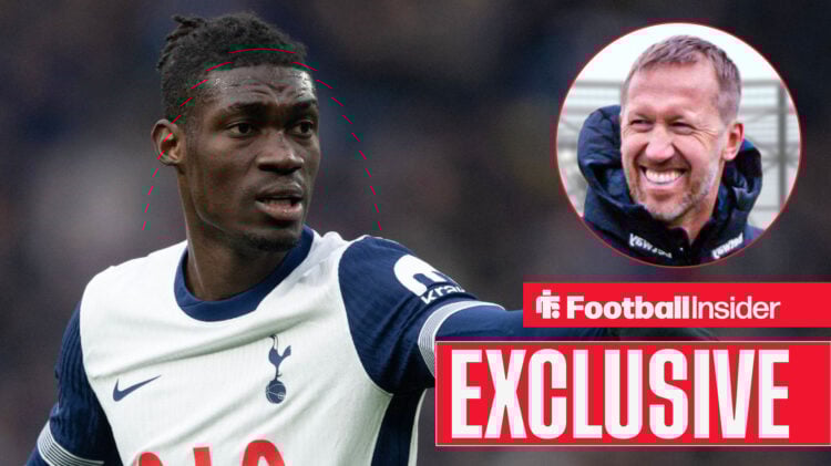 Yves Bissouma in a Tottenham shirt, Graham Potter smiling in a circular inset.