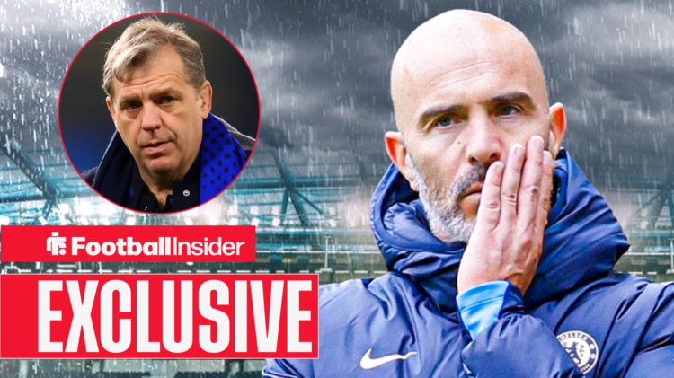 Chelsea manager Enzo Maresca looks concerned with Todd Boehly in a circular inset with an exclusive news banner