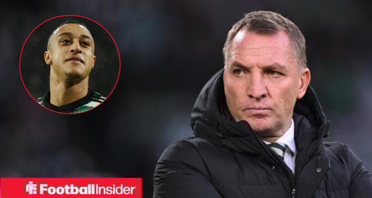 Celtic manager Brendan Rodgers alongside a circular inset of striker Adam Idah.