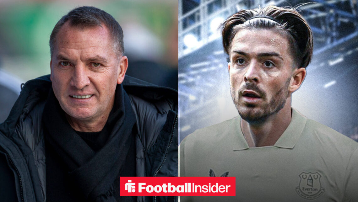 Brendan Rodgers on the Celtic Park touchline alongside Jack Grealish in an Everton shirt