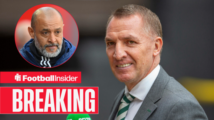 Celtic manager Brendan Rodgers holding a microphone, as Nuno Espirito Santo is pictured in a circular inset
