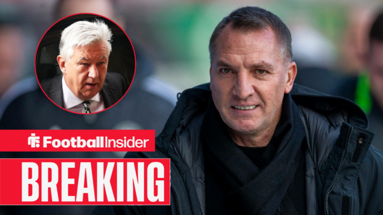 Brendan Rodgers smiles at the camera, with Peter Lawwell in a circular inset