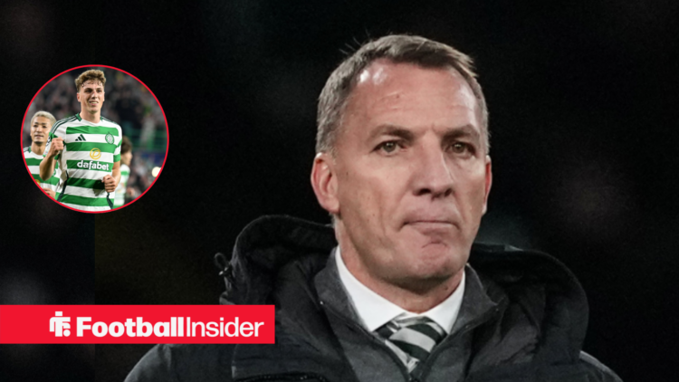Celtic midfielder Arne Engels in a circular frame alongside boss Brendan Rodgers