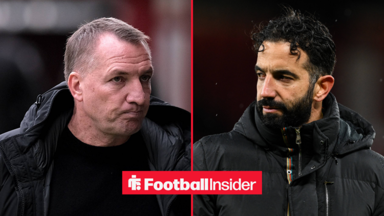 Brendan Rodgers on the left looking serious with Ruben Amorim on the right looking dismayed