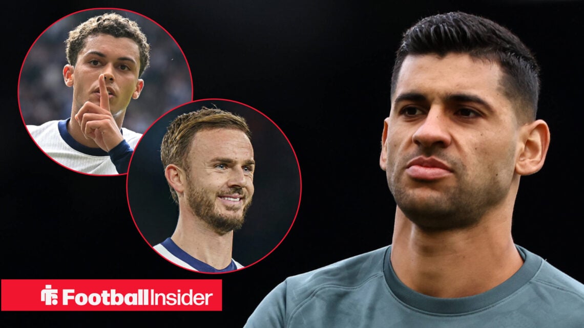 Cristian Romero in Tottenham training top with James Maddison and Brennan Johnson