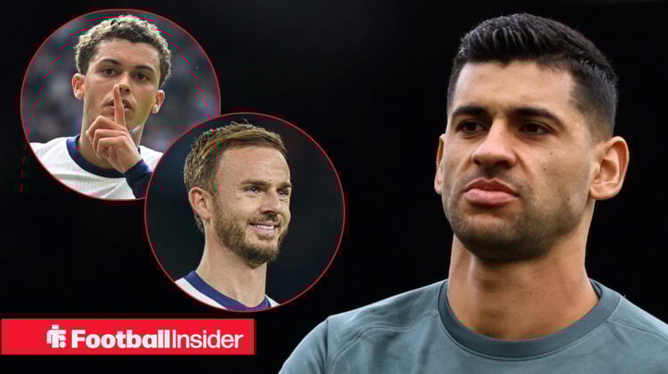 Cristian Romero in Tottenham training top with James Maddison and Brennan Johnson