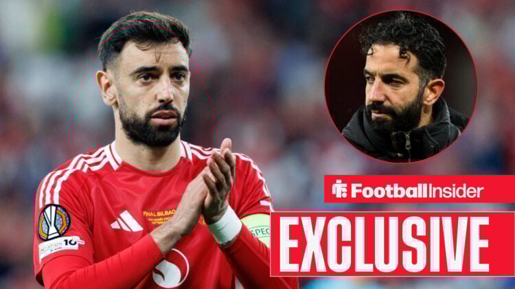 An image of Ruben Amorim in a circular frame next to Bruno Fernandes