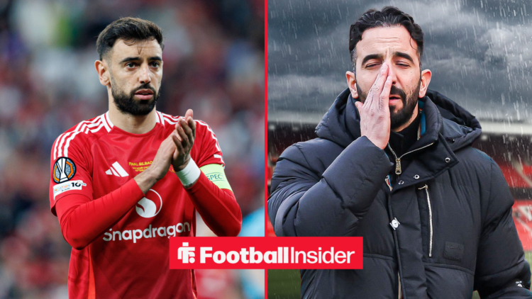 Bruno Fernandes applauds in a Manchester United shirt next to an image of boss Ruben Amorim stood in a storm at Old Trafford